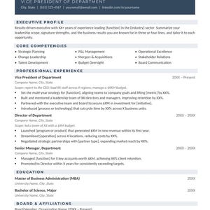 May include: A professional resume template featuring a dark blue header with placeholders for name and contact information. The document includes sections for executive profile, core competencies, professional experience, education, and board affiliations.