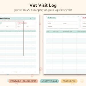 May include: A printable and fillable Vet Visit Log PDF template featuring two pages with sections for Our Vet and 24/7 Emergency Vet contact details, plus a table to record dates, clinic names, reasons for visits, and vet notes.
