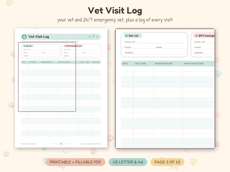 May include: A printable and fillable Vet Visit Log PDF template featuring two pages with sections for Our Vet and 24/7 Emergency Vet contact details, plus a table to record dates, clinic names, reasons for visits, and vet notes.