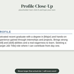 Puede incluir: Una plantilla de curr&iacute;culum digital con el encabezado Profile Close-Up y el texto de marcador de posici&oacute;n: click it and type your own. Debajo hay un cuadro blanco con el t&iacute;tulo PROFILE y texto sobre un graduado reciente buscando empleo.