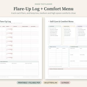 Op de afbeelding: Een tweedelige printbare planner-set getiteld Flare-Up Log + Comfort Menu. De linkerpagina bevat een Flare-Up Log met kolommen voor symptomen en ernst. De rechterpagina bevat een Self-Care & Comfort Menu met categorie&euml;n voor lage, gemiddelde en hoge lepelenergie, plus secties voor mensen om te bellen en troostende zaken.