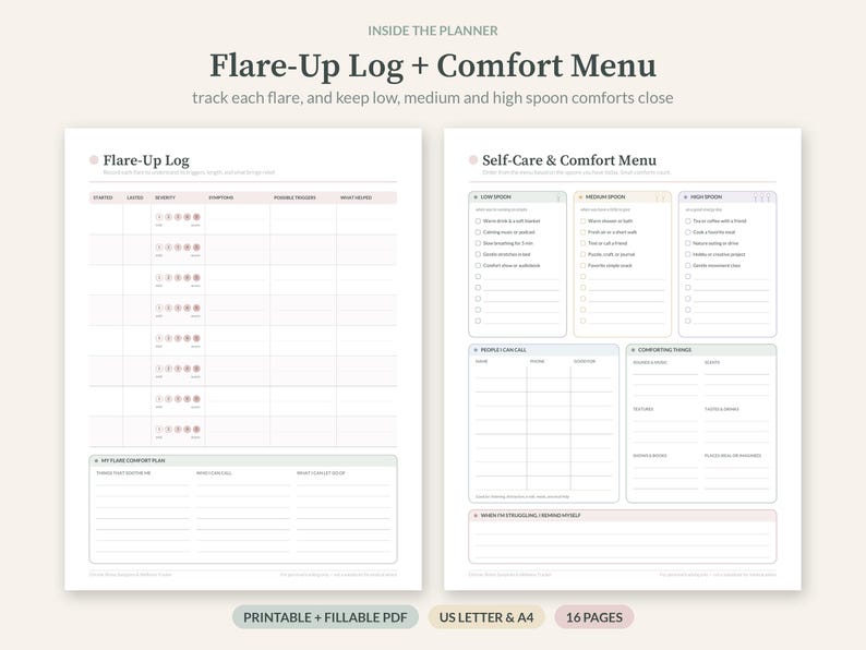 Op de afbeelding: Een tweedelige printbare planner-set getiteld Flare-Up Log + Comfort Menu. De linkerpagina bevat een Flare-Up Log met kolommen voor symptomen en ernst. De rechterpagina bevat een Self-Care & Comfort Menu met categorie&euml;n voor lage, gemiddelde en hoge lepelenergie, plus secties voor mensen om te bellen en troostende zaken.