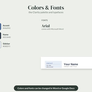 Puede incluir: Una gu&iacute;a de dise&ntilde;o titulada Colors & Fonts que presenta la paleta Clarity con muestras de color azul, azul marino oscuro y azul claro. Enumera Arial como fuente y muestra una plantilla de contacto con espacios para nombre y cargo laboral.
