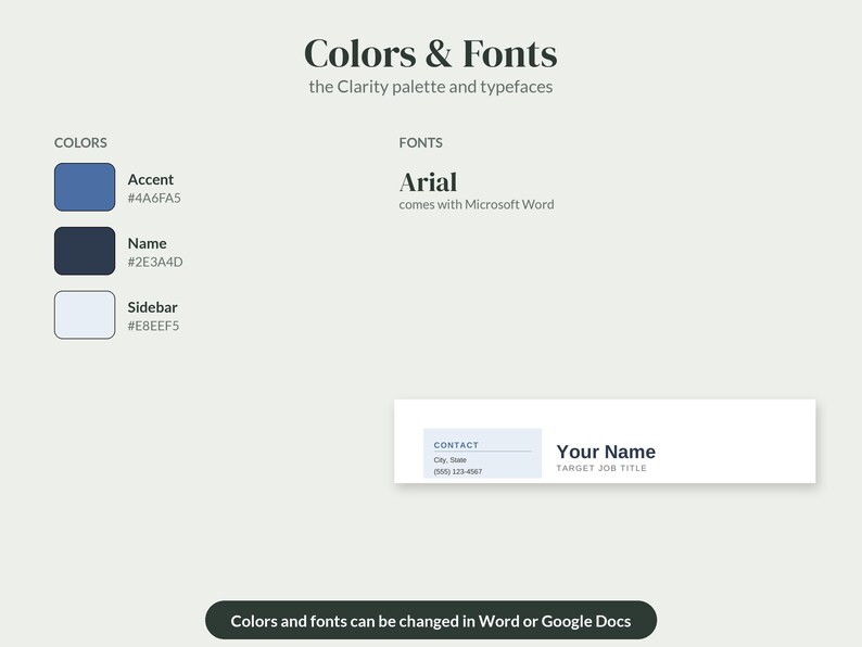 Puede incluir: Una gu&iacute;a de dise&ntilde;o titulada Colors & Fonts que presenta la paleta Clarity con muestras de color azul, azul marino oscuro y azul claro. Enumera Arial como fuente y muestra una plantilla de contacto con espacios para nombre y cargo laboral.