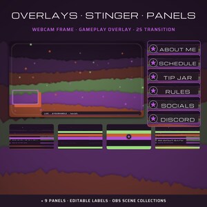 May include: A digital streaming overlay set featuring a dark purple, green, and orange layered background with star accents. Includes a webcam frame, gameplay overlay, and six rectangular panels labeled About Me, Schedule, Tip Jar, Rules, Socials, and Discord.