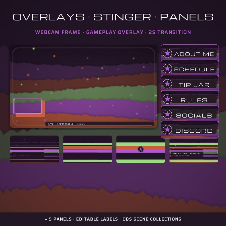 May include: A digital streaming overlay set featuring a dark purple, green, and orange layered background with star accents. Includes a webcam frame, gameplay overlay, and six rectangular panels labeled About Me, Schedule, Tip Jar, Rules, Socials, and Discord.