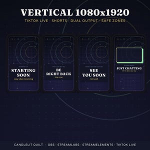 May include: Four vertical digital screen overlays with a dark blue grid background and circular patterns. Text includes STARTING SOON, BE RIGHT BACK, SEE YOU SOON, and JUST CHATTING with subtext. The top header reads VERTICAL 1080x1920.