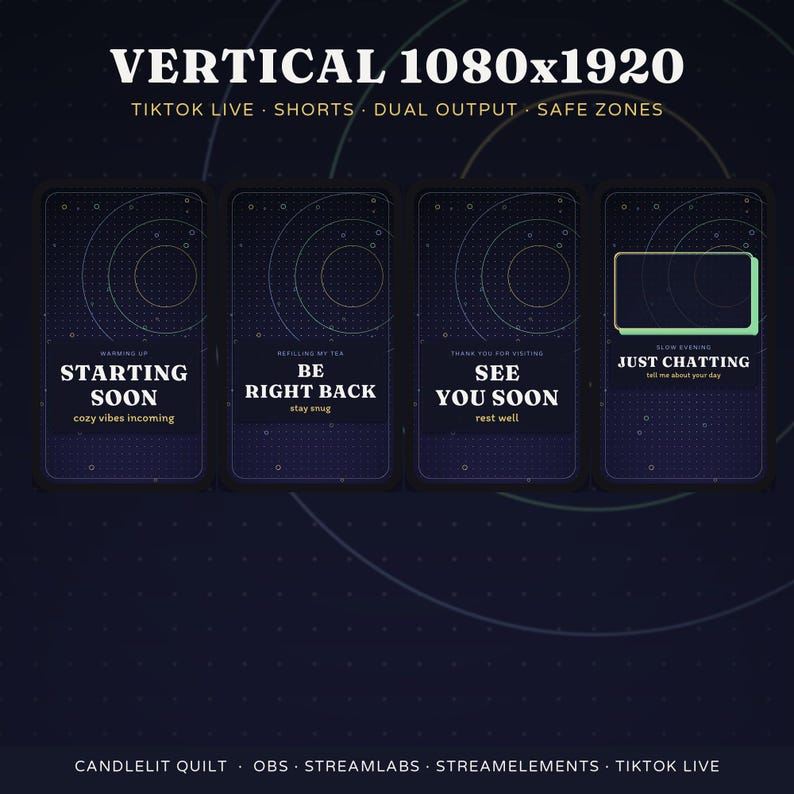 May include: Four vertical digital screen overlays with a dark blue grid background and circular patterns. Text includes STARTING SOON, BE RIGHT BACK, SEE YOU SOON, and JUST CHATTING with subtext. The top header reads VERTICAL 1080x1920.
