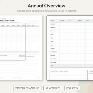 May include: A white annual overview financial planner page with black text and grid lines. The layout includes columns for month, income, bills, spending, savings, and debt paid, plus sections for money goals and important dates for the year.
