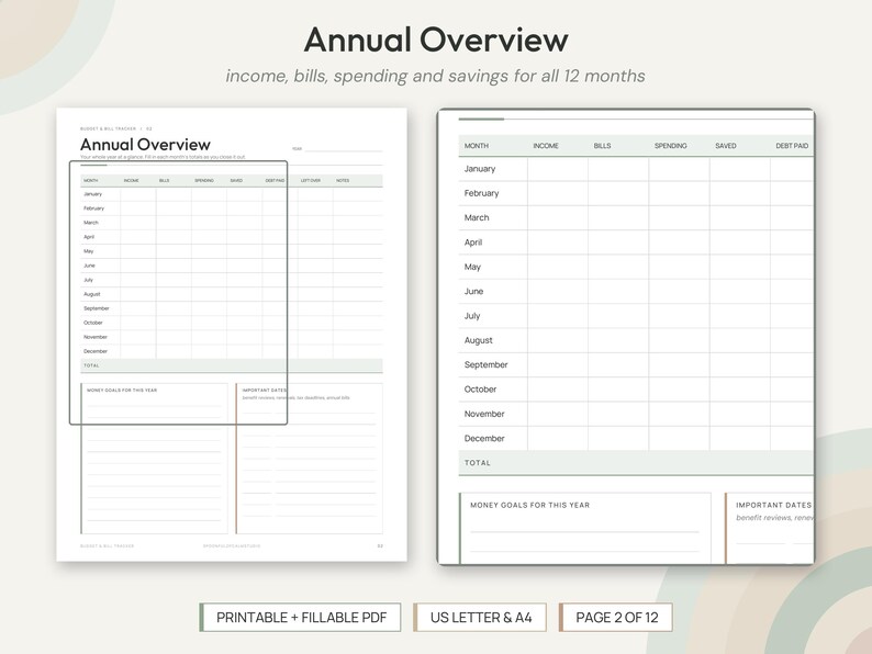 May include: A white annual overview financial planner page with black text and grid lines. The layout includes columns for month, income, bills, spending, savings, and debt paid, plus sections for money goals and important dates for the year.