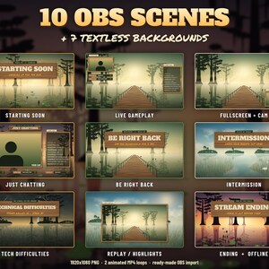 May include: A digital collection of 10 OBS scenes and 7 textless backgrounds featuring a swamp landscape with wooden boardwalks and cypress trees. The text includes Starting Soon, Live Gameplay, Be Right Back, Intermission, and Stream Ending.