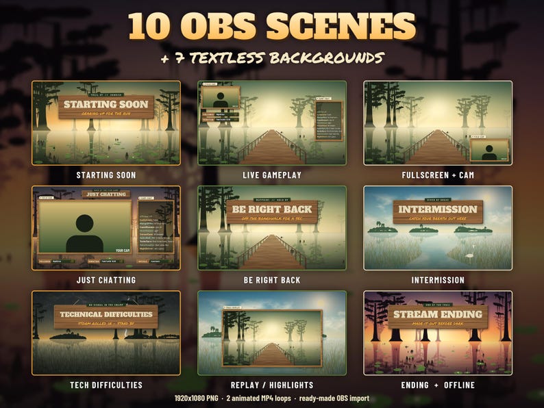 May include: A digital collection of 10 OBS scenes and 7 textless backgrounds featuring a swamp landscape with wooden boardwalks and cypress trees. The text includes Starting Soon, Live Gameplay, Be Right Back, Intermission, and Stream Ending.