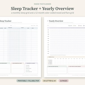 Op de afbeelding: Twee printbare plannerpagina's met een slaaptracker en een jaaroverzicht. De slaaptracker bevat een maandelijks rooster voor uren en kwaliteit, terwijl het jaaroverzicht een kleurgecodeerd rooster voor stemming en klachten.