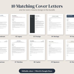 May include: A collection of 10 matching cover letter templates titled 10 Matching Cover Letters, one for every resume design in the bundle. Each document features placeholder text and is labeled 01 Boardroom through 10 Monarch. Editable .docx, Word, and Google Docs.
