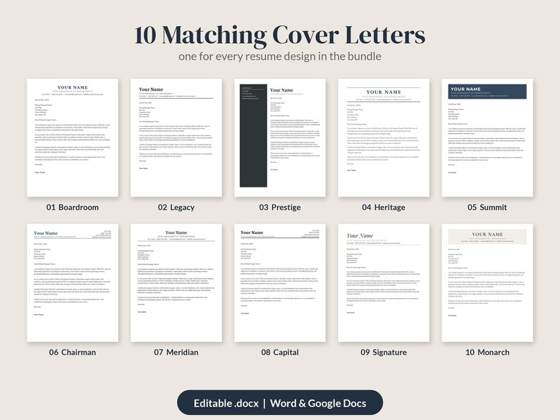 May include: A collection of 10 matching cover letter templates titled 10 Matching Cover Letters, one for every resume design in the bundle. Each document features placeholder text and is labeled 01 Boardroom through 10 Monarch. Editable .docx, Word, and Google Docs.