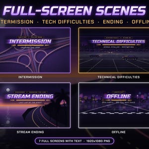 Może przedstawiać: Kolekcja czterech cyfrowych scen pełnoekranowych do streamingu, z motywami fioletowego i pomarańczowego zachodu słońca. Tekst zawiera INTERMISSION, TECHNICAL DIFFICULTIES, STREAM ENDING oraz OFFLINE, z dodatkowym podtekstem dla każdej sceny.