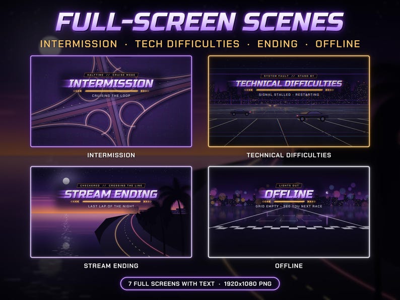 Może przedstawiać: Kolekcja czterech cyfrowych scen pełnoekranowych do streamingu, z motywami fioletowego i pomarańczowego zachodu słońca. Tekst zawiera INTERMISSION, TECHNICAL DIFFICULTIES, STREAM ENDING oraz OFFLINE, z dodatkowym podtekstem dla każdej sceny.