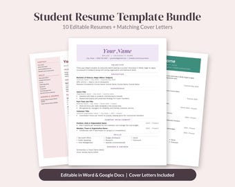 Può includere: Un pacchetto di modelli di curriculum per studenti con 10 curriculum modificabili e lettere di presentazione abbinate. I documenti includono sezioni per informazioni di contatto, obiettivo, istruzione, esperienza e competenze.