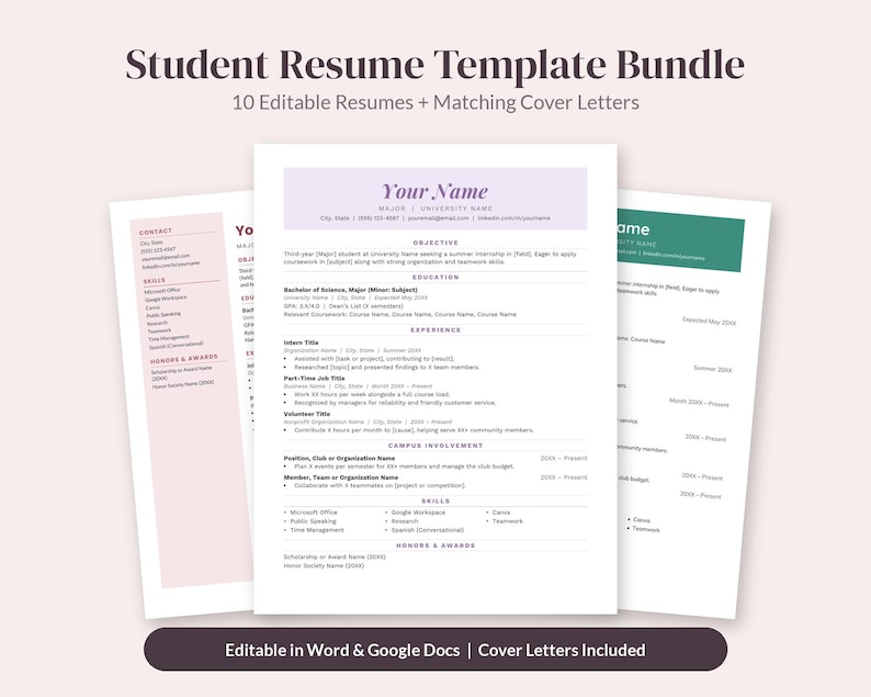 Puede incluir: Un paquete de plantillas de curr&iacute;culum para estudiantes que incluye 10 curr&iacute;culums editables y cartas de presentaci&oacute;n a juego. Los documentos incluyen secciones para datos de contacto, objetivo, educaci&oacute;n, experiencia y habilidades.