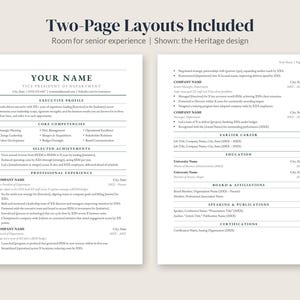 May include: A two-page resume template titled Two-Page Layouts Included, featuring the Heritage design. The document includes sections for contact information, executive profile, core competencies, selected achievements, professional experience, education, board affiliations, speaking, and certifications.