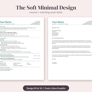 Puede incluir: Una plantilla de curr&iacute;culum y carta de presentaci&oacute;n titulada The Soft Minimal Design. Los documentos presentan texto oscuro sobre fondo blanco con acentos verde azulado, organizados en secciones para educaci&oacute;n, experiencia y habilidades en Libre Franklin.