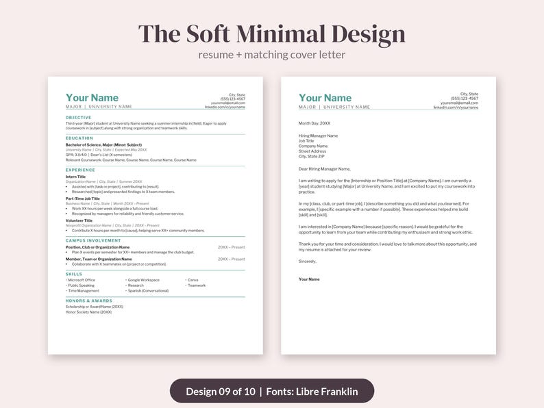 Puede incluir: Una plantilla de curr&iacute;culum y carta de presentaci&oacute;n titulada The Soft Minimal Design. Los documentos presentan texto oscuro sobre fondo blanco con acentos verde azulado, organizados en secciones para educaci&oacute;n, experiencia y habilidades en Libre Franklin.