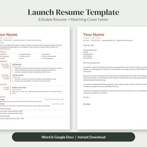 May include: A digital resume template and matching cover letter document featuring a clean layout with dark text and rust-colored headings. The document includes sections for profile, key skills, experience, education, projects, certifications, and volunteering.