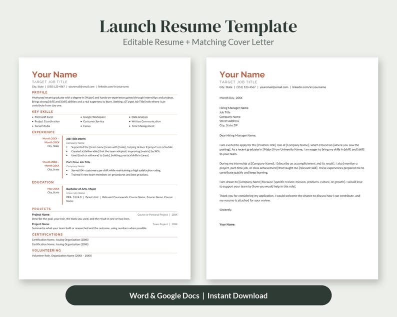 May include: A digital resume template and matching cover letter document featuring a clean layout with dark text and rust-colored headings. The document includes sections for profile, key skills, experience, education, projects, certifications, and volunteering.