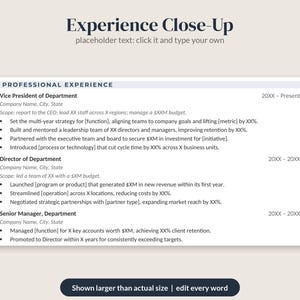 May include: A resume template titled Experience Close-Up with placeholder text for professional experience, including roles like Vice President, Director, and Senior Manager, with bullet points for achievements and dates listed in a clean, structured layout.