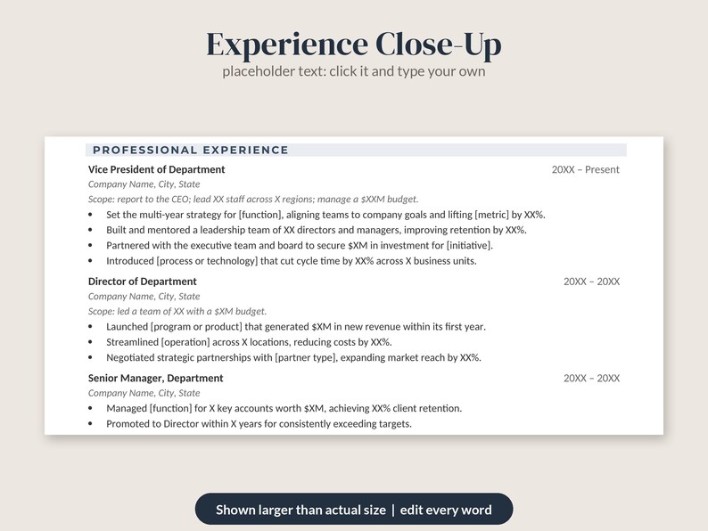 May include: A resume template titled Experience Close-Up with placeholder text for professional experience, including roles like Vice President, Director, and Senior Manager, with bullet points for achievements and dates listed in a clean, structured layout.