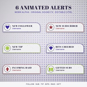 May include: Six animated alerts for streaming featuring the text 6 ANIMATED ALERTS, WEBM ALPHA, ORIGINAL SOUND FX, EDITABLE HTML. The graphic displays six rectangular notification bars with icons for New Follower, New Subscriber, New Tip, Bits Cheered, Incoming Raid, and Gifted Subs, each with a placeholder for a username.