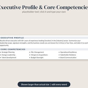 May include: A digital resume template featuring the heading Executive Profile & Core Competencies. The layout includes sections for an executive profile and a list of core competencies such as strategic planning, P&L management, and operational excellence.