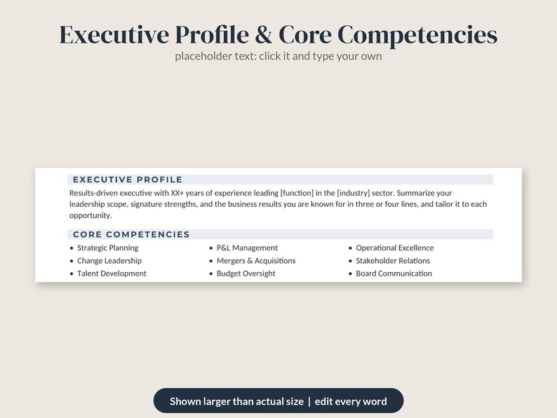 May include: A digital resume template featuring the heading Executive Profile & Core Competencies. The layout includes sections for an executive profile and a list of core competencies such as strategic planning, P&L management, and operational excellence.