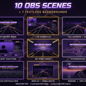 Może przedstawiać: Cyfrowa kolekcja 10 scen OBS i 7 teł bez tekstu z motywem fioletowo-pomarańczowej neonowej autostrady. Zawiera nakładki z napisami Starting Soon, Live Gameplay, Fullscreen + Cam, Just Chatting, Be Right Back, Intermission, Technical Difficulties, Replay, Highlights, Ending oraz Offline.