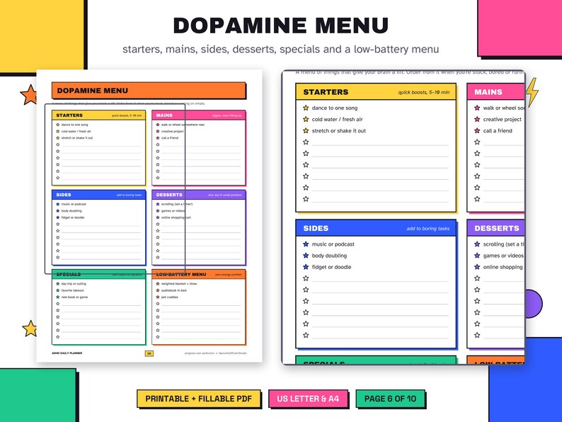 May include: A Dopamine Menu printable planner page featuring colorful sections labeled Starters, Mains, Sides, Desserts, Specials, and Low-Battery Menu. The layout includes bulleted lists with star icons for tasks, set against a bright, multi-colored background.