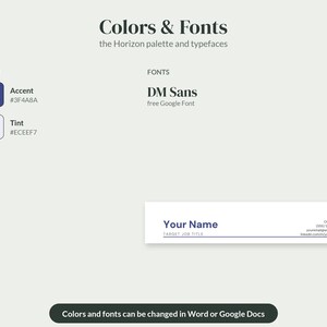 K&ouml;nnte beinhalten: Ein Design-Leitfaden mit dem Titel Colors & Fonts the Horizon palette and typefaces. Er zeigt eine dunkelblaue Akzentfarbe #3F4A8A, einen hellen Farbton #ECEEF7, die Schriftart DM Sans, eine Lebenslauf-Kopfzeile mit Your Name und ein Textfeld.