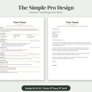 May include: A resume and matching cover letter template titled The Simple Pro Design. The documents feature black text on a white background with gold horizontal lines separating sections like Profile, Key Skills, Experience, and Education.