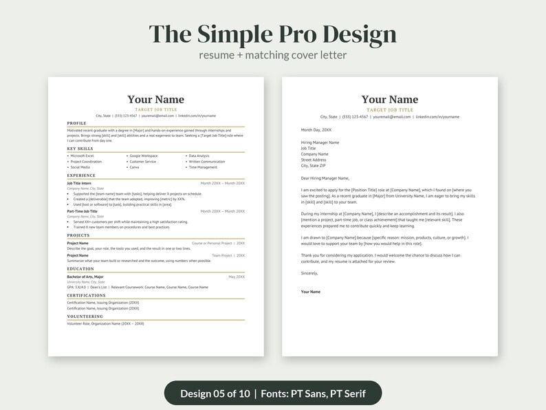 May include: A resume and matching cover letter template titled The Simple Pro Design. The documents feature black text on a white background with gold horizontal lines separating sections like Profile, Key Skills, Experience, and Education.