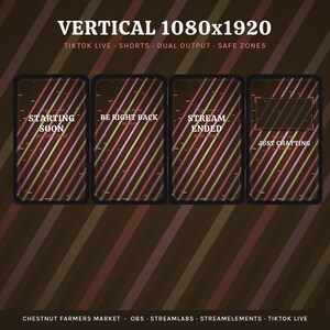 Op de afbeelding: Een digitale grafische set met vier verticale schermen met diagonale bruine, gouden en roze strepen. De tekst luidt: VERTICAL 1080x1920, TIKTOK LIVE, SHORTS, DUAL OUTPUT, SAFE ZONES, STARTING SOON, BE RIGHT BACK, STREAM ENDED, JUST CHATTING.