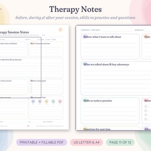 May include: Two white therapy session note templates with dark text and pastel accents. Sections include Before: what I want to talk about, How I've been since last time, What we talked about & key takeaways, Skills or tools to practice, and Questions for next time.