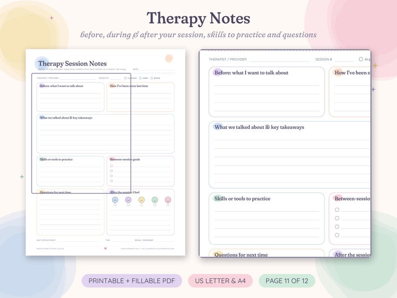 May include: Two white therapy session note templates with dark text and pastel accents. Sections include Before: what I want to talk about, How I've been since last time, What we talked about & key takeaways, Skills or tools to practice, and Questions for next time.