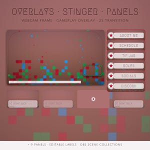 May include: A digital streaming overlay set featuring a brown background with red, blue, and green pixelated squares. Includes a webcam frame, gameplay overlay, and six panels labelled About Me, Schedule, Tip Jar, Rules, Socials, and Discord.