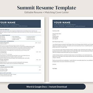 May include: A Summit Resume Template featuring an editable resume and matching cover letter. The document includes sections for name, contact info, executive profile, core competencies, professional experience, education, and board affiliations.