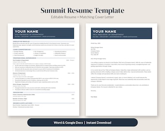 May include: A Summit Resume Template featuring an editable resume and matching cover letter. The document includes sections for name, contact info, executive profile, core competencies, professional experience, education, and board affiliations.
