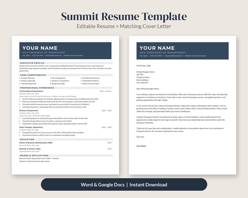 May include: A Summit Resume Template featuring an editable resume and matching cover letter. The document includes sections for name, contact info, executive profile, core competencies, professional experience, education, and board affiliations.