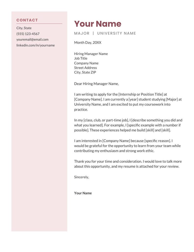 Puede incluir: Una plantilla de carta de presentaci&oacute;n profesional con una barra lateral rosa claro a la izquierda con informaci&oacute;n de contacto y una secci&oacute;n principal blanca para el cuerpo de la carta. Incluye marcadores como Your Name.