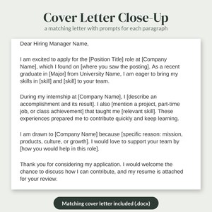 Puede incluir: Un documento titulado Cover Letter Close-Up con una plantilla de carta a juego que incluye indicaciones para cada p&aacute;rrafo, con marcadores de posici&oacute;n como Position Title, Company Name y Major, y un bot&oacute;n que dice Matching cover letter included (.docx).