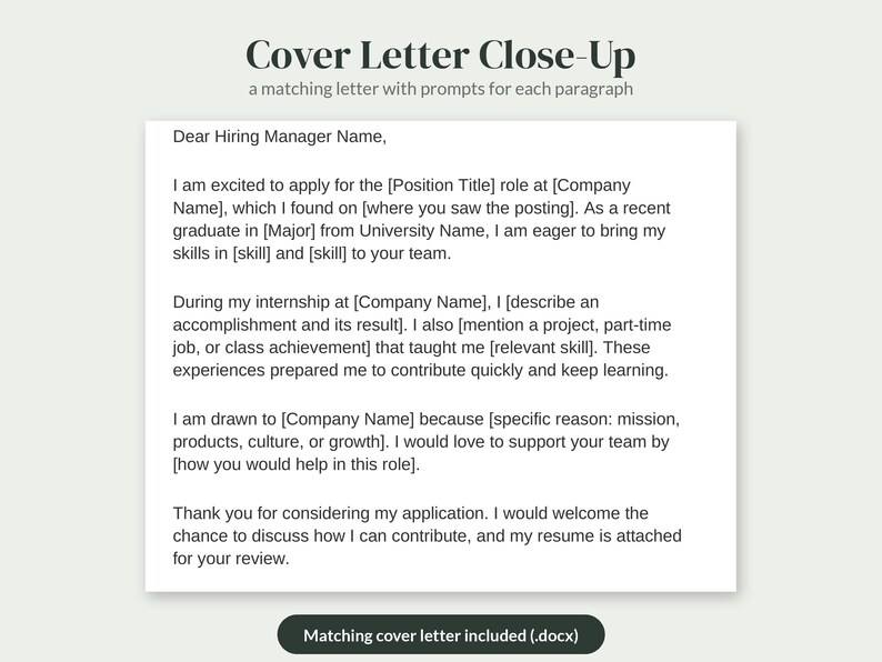 Puede incluir: Un documento titulado Cover Letter Close-Up con una plantilla de carta a juego que incluye indicaciones para cada p&aacute;rrafo, con marcadores de posici&oacute;n como Position Title, Company Name y Major, y un bot&oacute;n que dice Matching cover letter included (.docx).