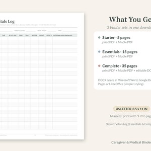 K&ouml;nnte beinhalten: Ein druckbares Vitals Log Dokument mit Spalten f&uuml;r Datum, Uhrzeit, Blutdruck, Puls, Temperatur, Glukose, Gewicht, Sauerstoff und Notizen. Der Text enth&auml;lt What You Get, 3 binder sets und US Letter 8.5 x 11 in Abmessungen.
