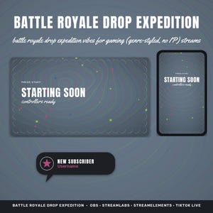 May include: A digital streaming overlay set featuring a dark gray background with topographic lines and colorful dots. The text reads BATTLE ROYALE DROP EXPEDITION, STARTING SOON, PRESS START, controllers ready, and NEW SUBSCRIBER with a pink star icon.